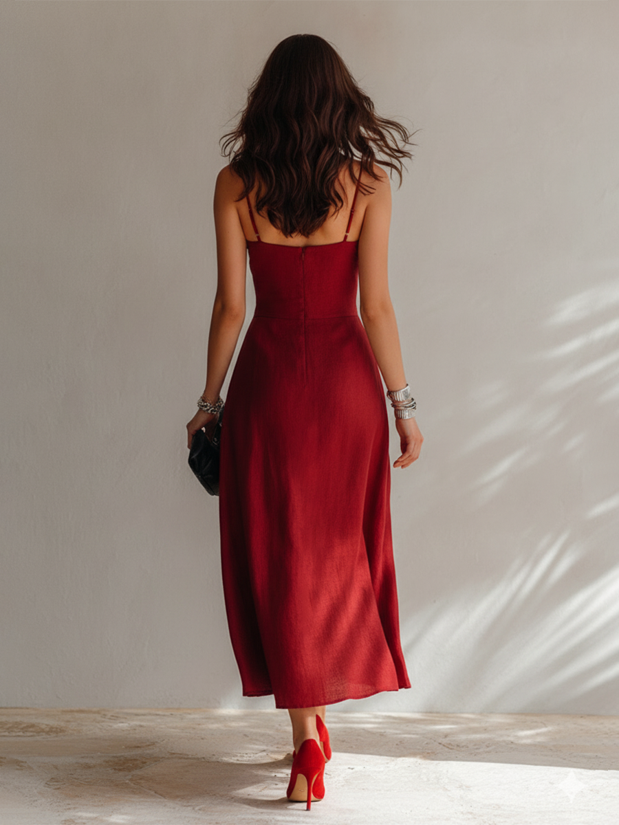 Alba | Midi abito rosso con scollo a cuore e corpetto arricciato
