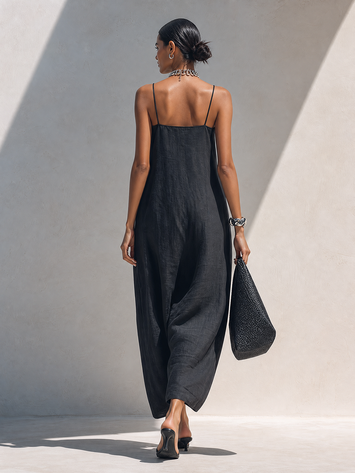 Cinque Terre | Maxi abito nero con scollo arricciato e spalline sottili