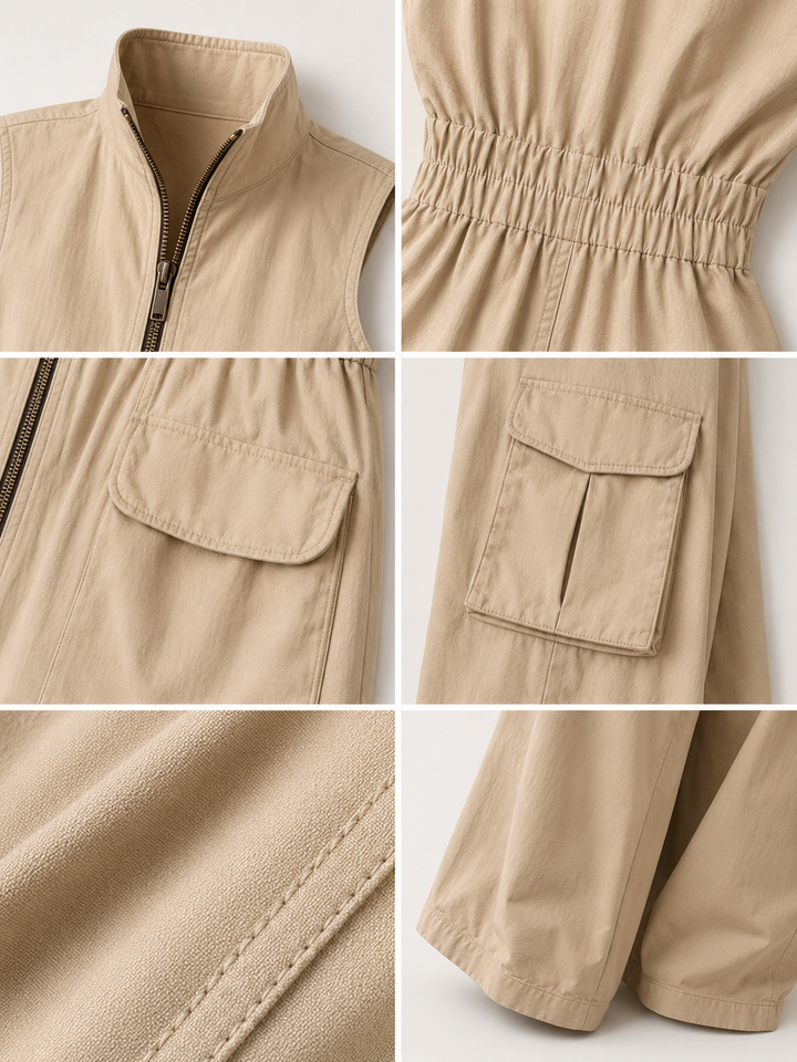 Elba | Tuta cargo utility senza maniche in cotone beige con zip frontale