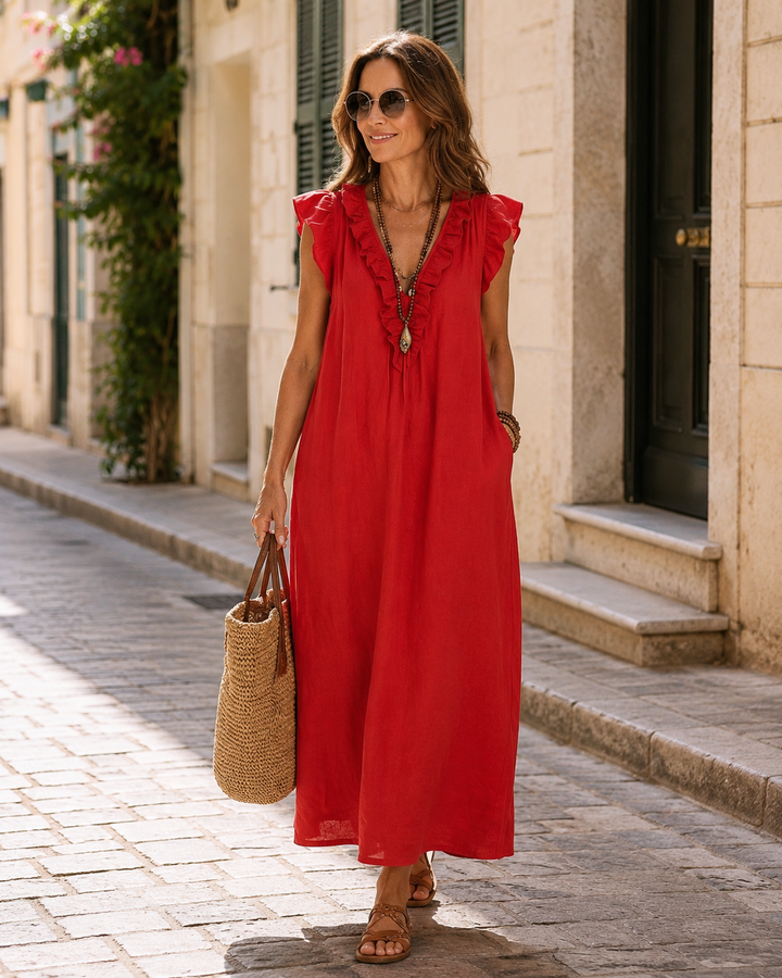 JESO | ELEGANTE ABITO LUNGO CON SCOLLO A V E RUFFLE