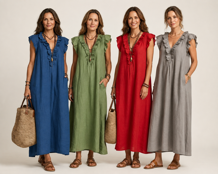 JESO | ELEGANTE ABITO LUNGO CON SCOLLO A V E RUFFLE