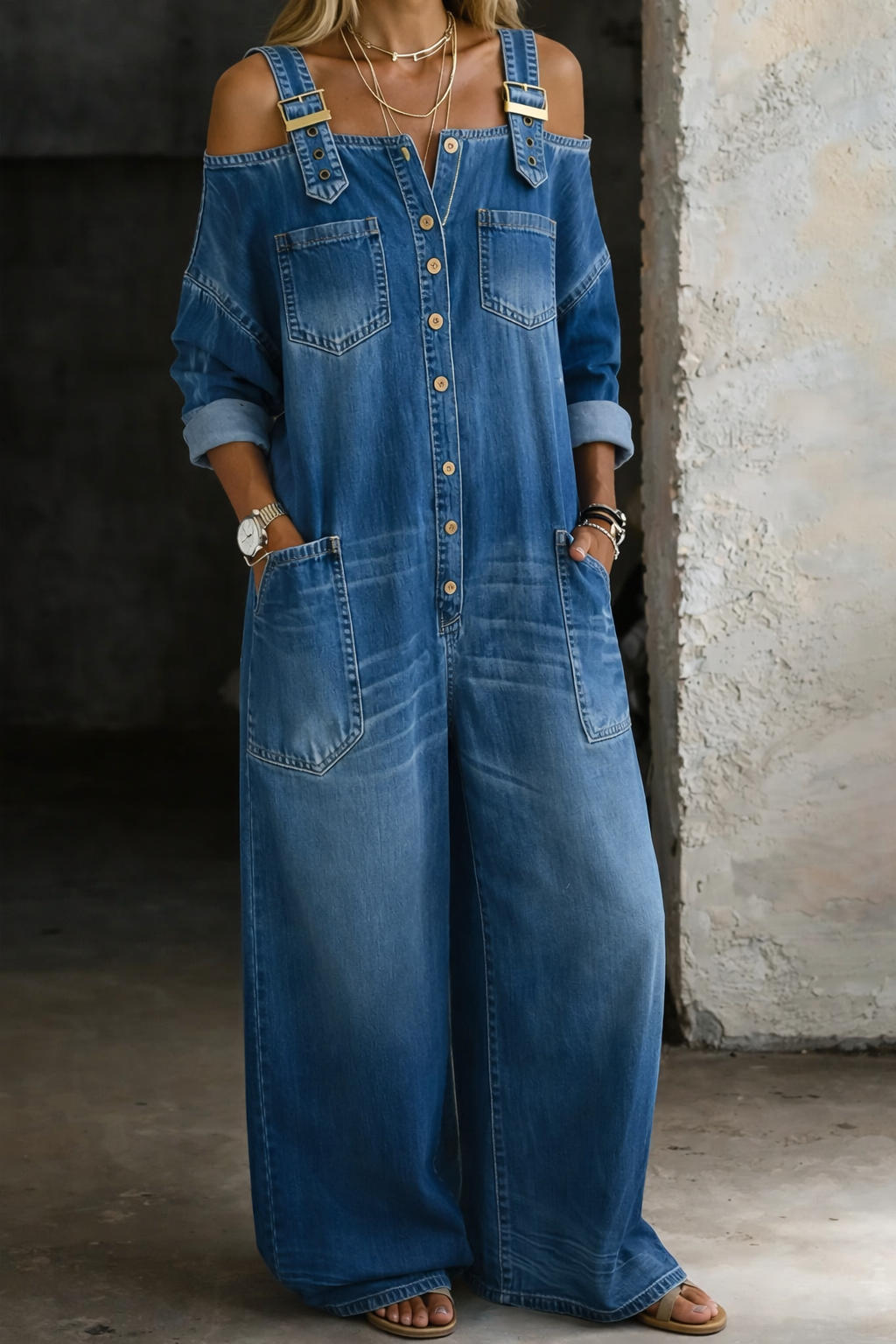 Graziella  | Abito maxi in denim con spalle scoperte dal fascino urban chic