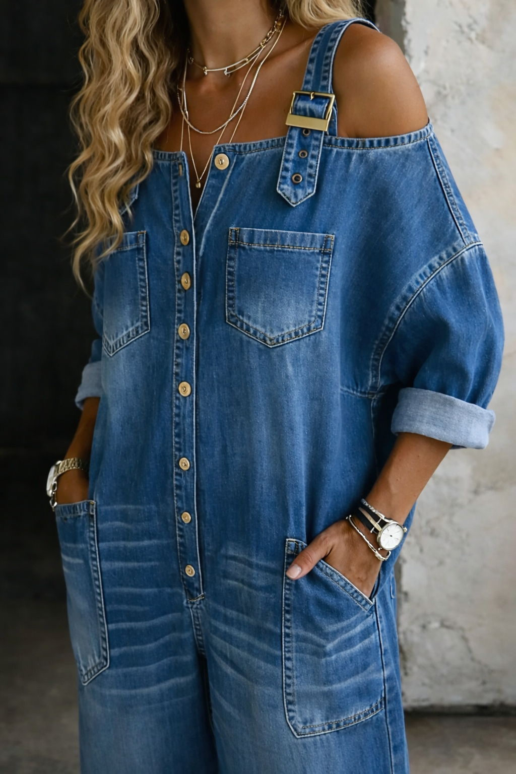 Graziella  | Abito maxi in denim con spalle scoperte dal fascino urban chic