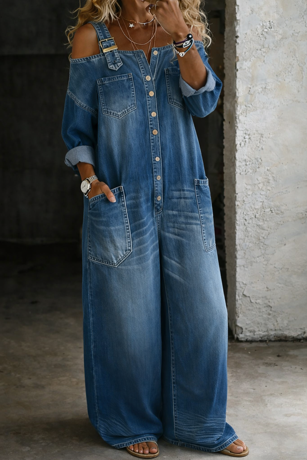 Graziella  | Abito maxi in denim con spalle scoperte dal fascino urban chic
