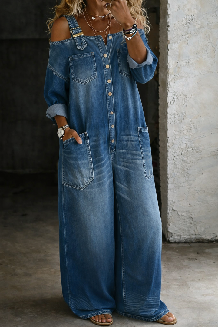 Graziella  | Abito maxi in denim con spalle scoperte dal fascino urban chic