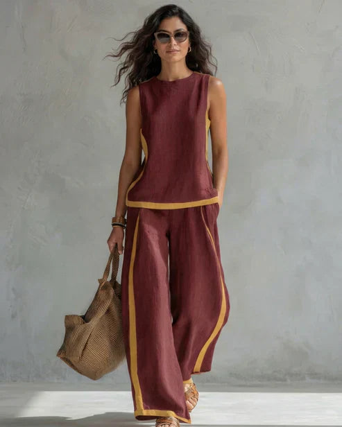Nicole | Completo due pezzi top senza maniche e pantaloni a gamba larga con profili cuoio