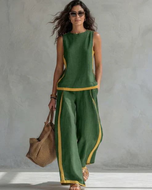 Nicole | Completo due pezzi top senza maniche e pantaloni a gamba larga con profili cuoio