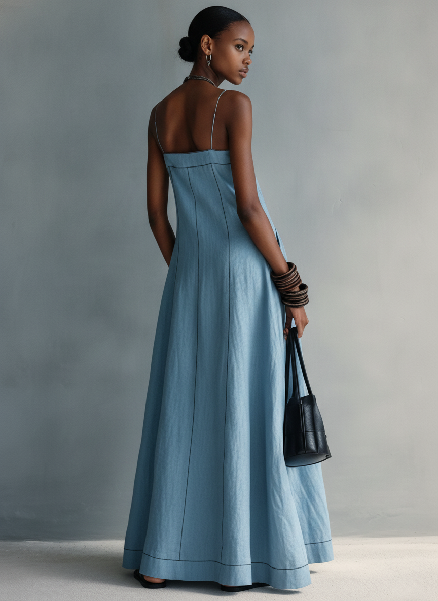 Berenice | Maxi abito azzurro smanicato dalla linea morbida
