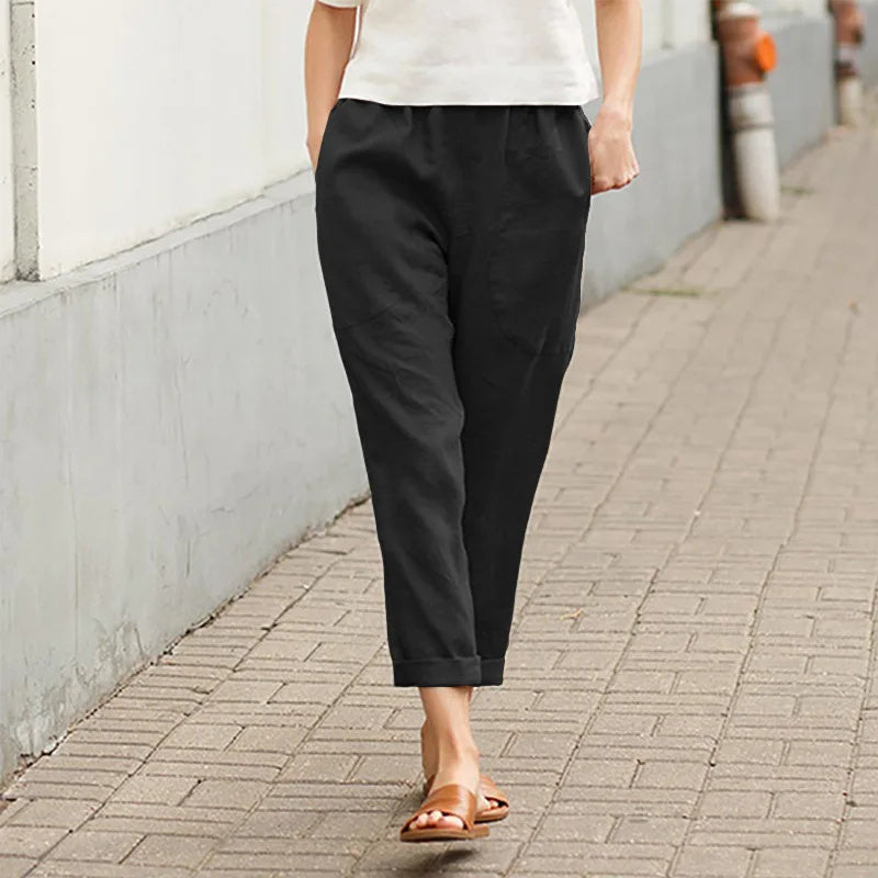 Vaniglia - Pantaloni casual a vita elastica con tasche, silhouette morbida