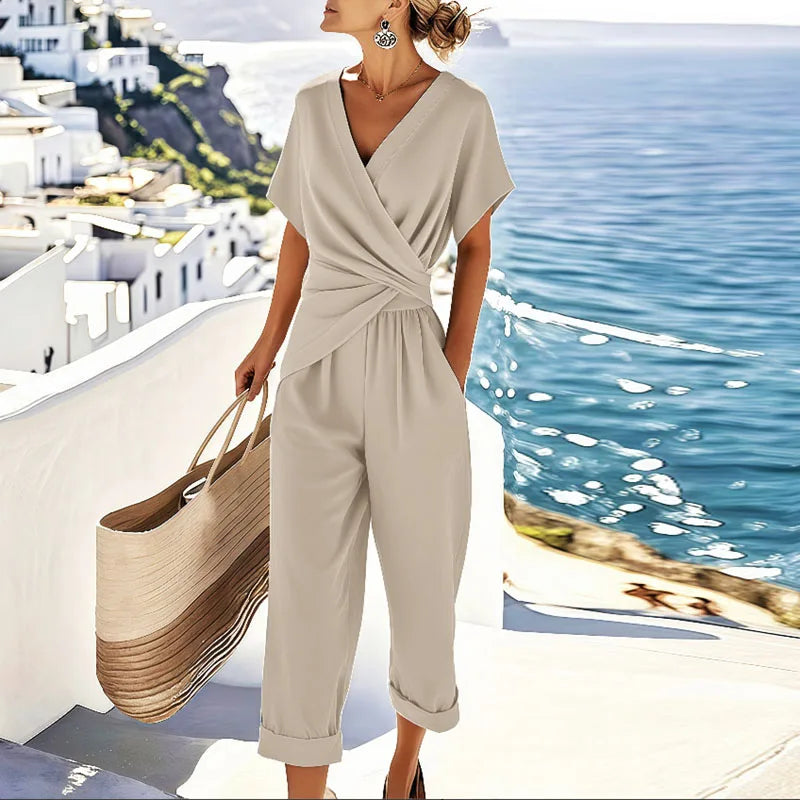 Marche | Completo due pezzi beige con top incrociato e pantaloni cropped