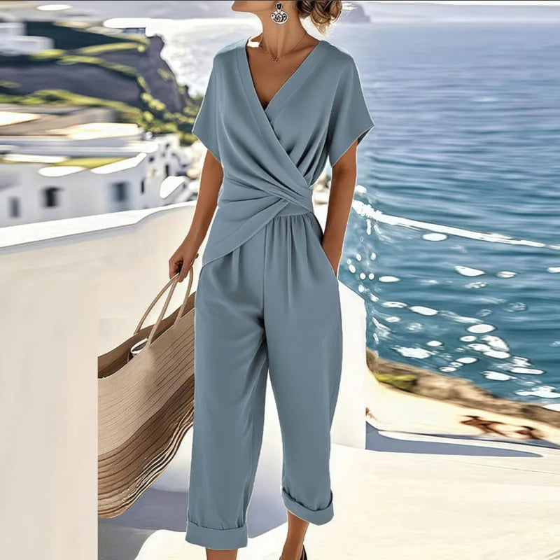 Marche | Completo due pezzi beige con top incrociato e pantaloni cropped