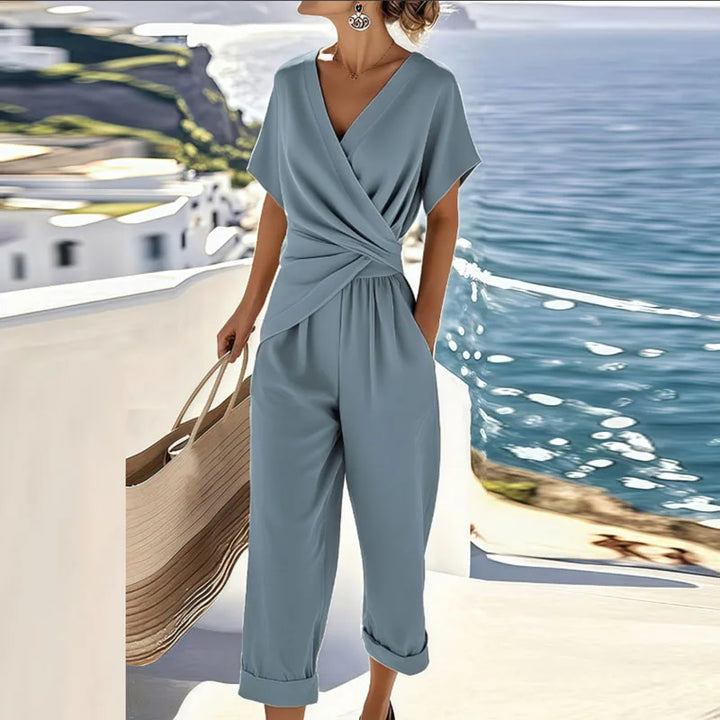 Marche | Completo due pezzi beige con top incrociato e pantaloni cropped