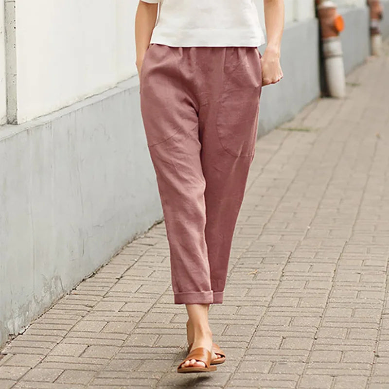 Vaniglia - Pantaloni casual a vita elastica con tasche, silhouette morbida