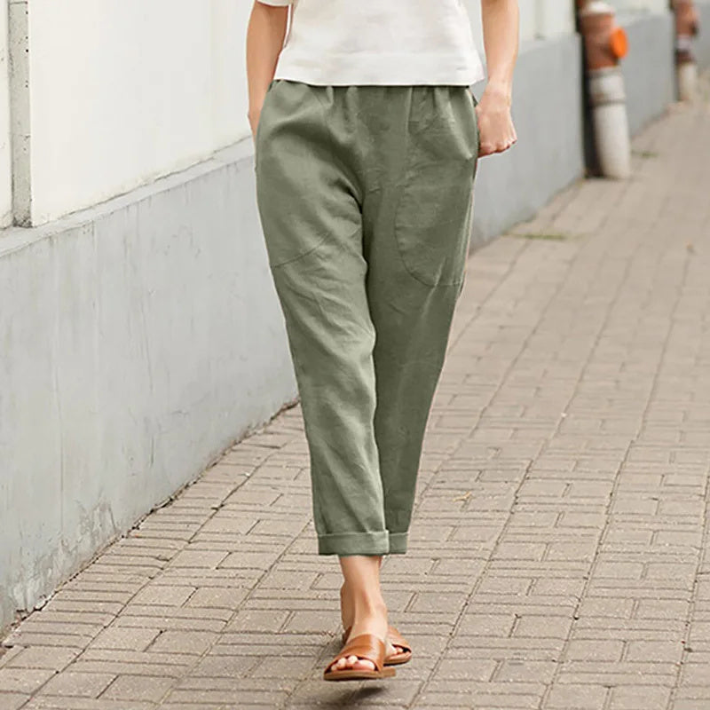 Vaniglia - Pantaloni casual a vita elastica con tasche, silhouette morbida