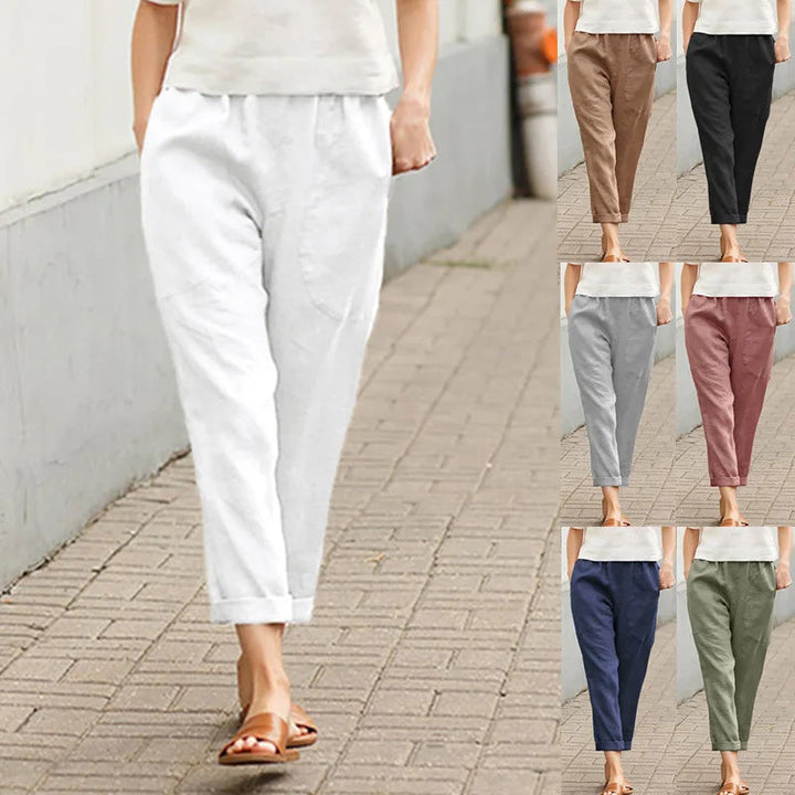 Vaniglia - Pantaloni casual a vita elastica con tasche, silhouette morbida