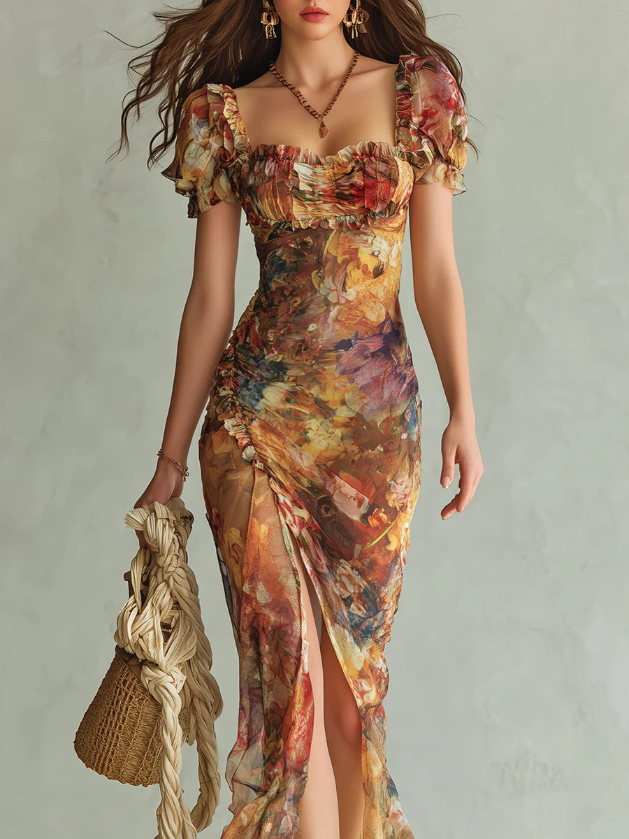 Seraphine | Abito maxi con stampa pittorica floreale e gonna fluida