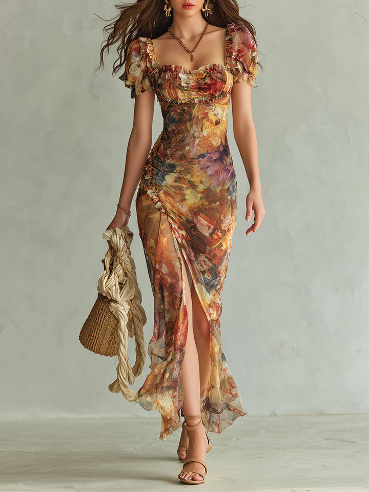Seraphine | Abito maxi con stampa pittorica floreale e gonna fluida
