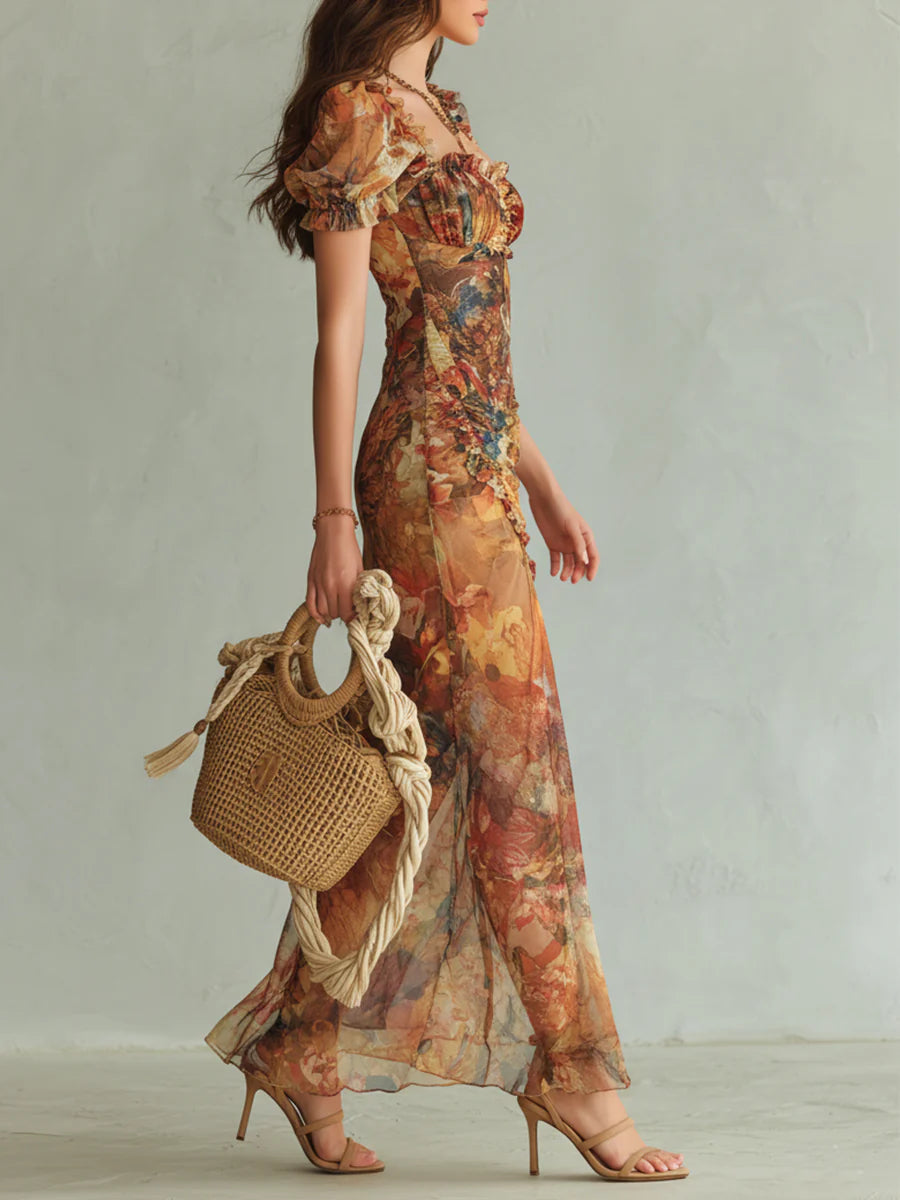 Seraphine | Abito maxi con stampa pittorica floreale e gonna fluida