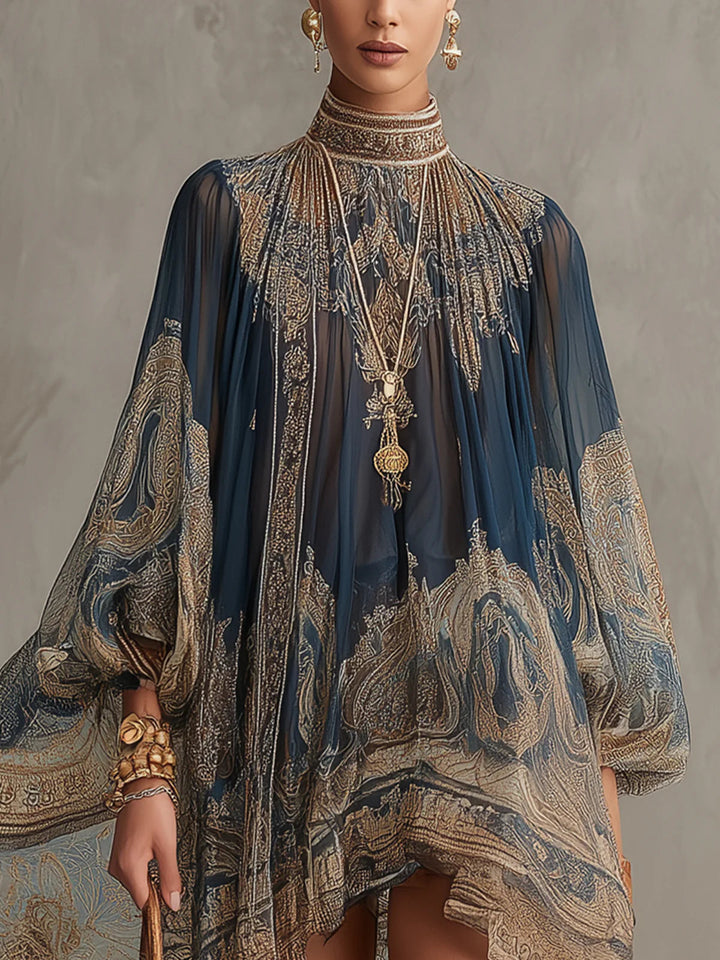Rimini | Mini abito in chiffon blu navy con stampa barocca dorata