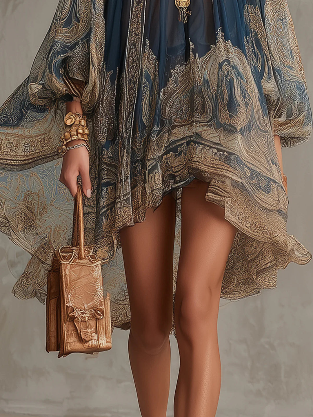 Rimini | Mini abito in chiffon blu navy con stampa barocca dorata