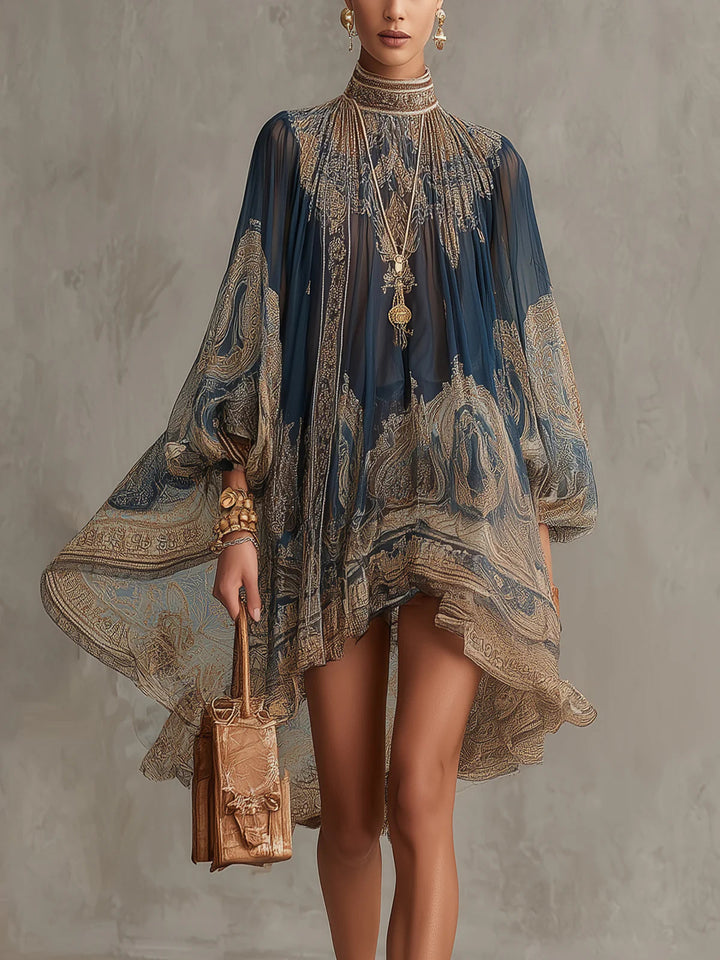 Rimini | Mini abito in chiffon blu navy con stampa barocca dorata