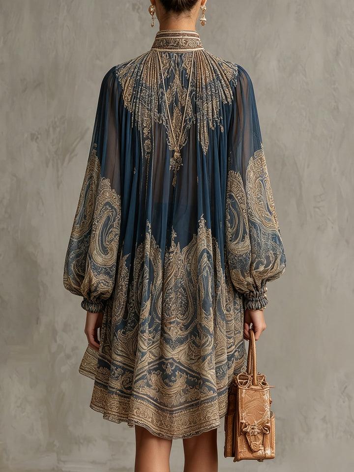Rimini | Mini abito in chiffon blu navy con stampa barocca dorata