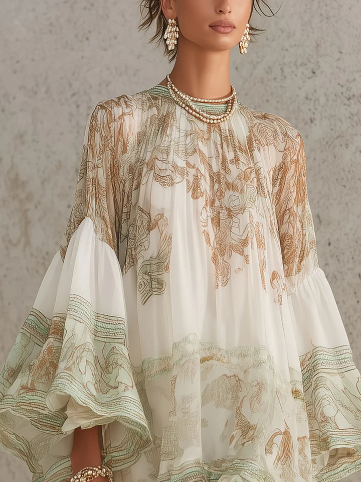 Rebecca | Mini abito in chiffon avorio con stampa barocca e volant a cascata