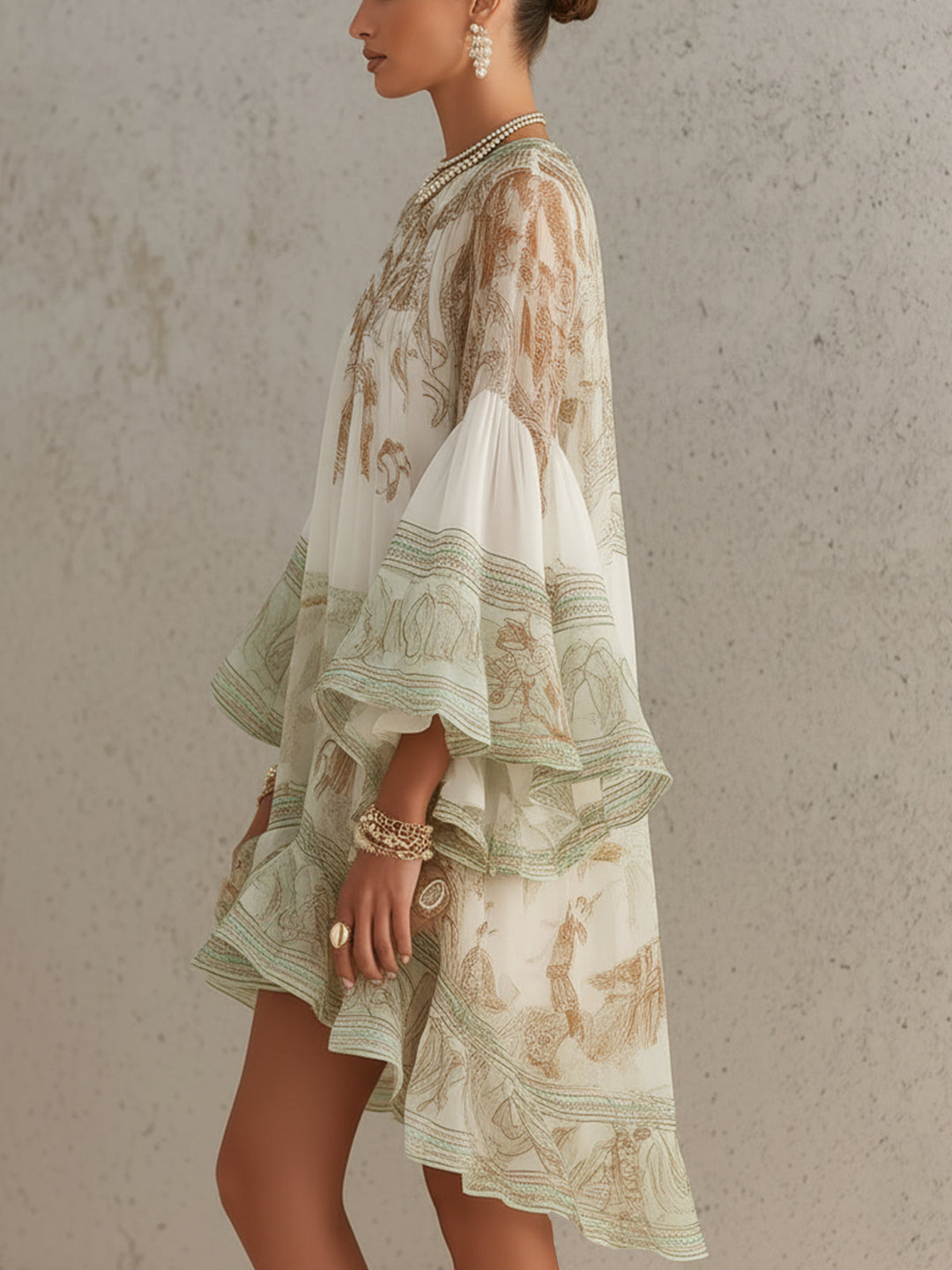 Rebecca | Mini abito in chiffon avorio con stampa barocca e volant a cascata