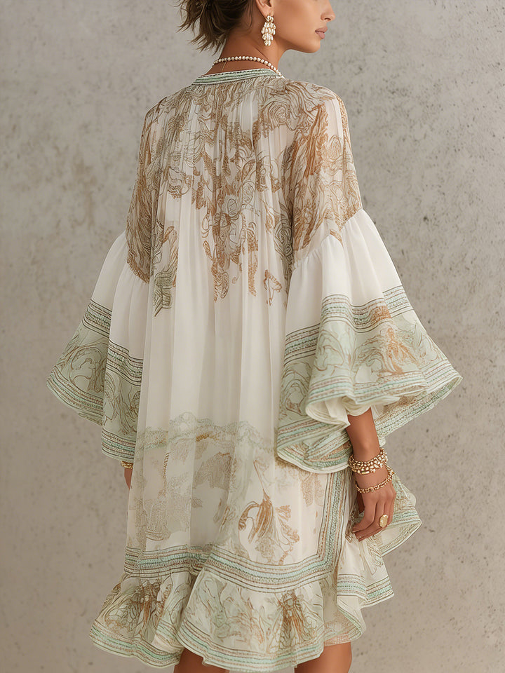 Rebecca | Mini abito in chiffon avorio con stampa barocca e volant a cascata