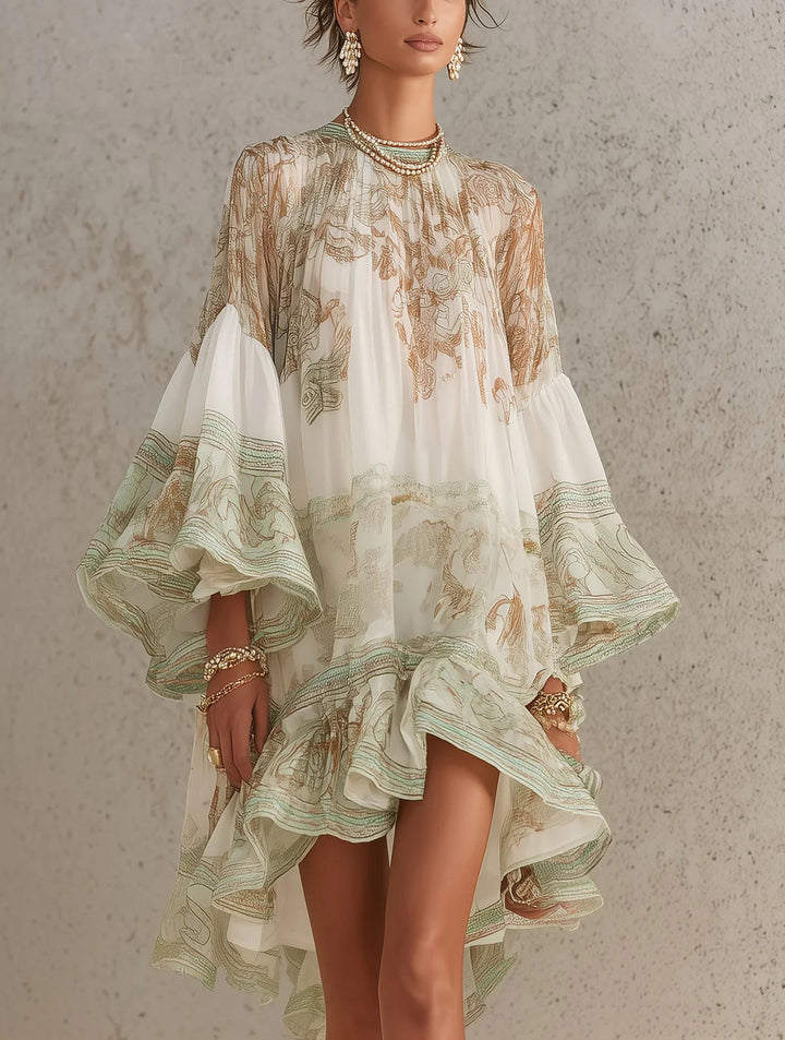 Rebecca | Mini abito in chiffon avorio con stampa barocca e volant a cascata