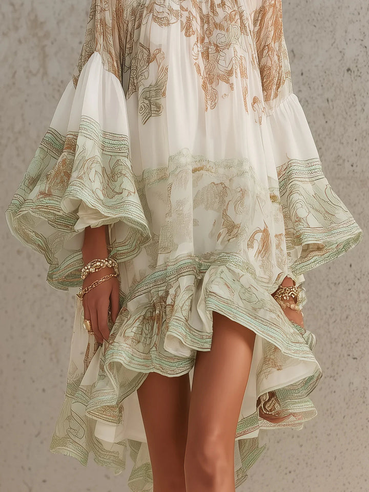 Rebecca | Mini abito in chiffon avorio con stampa barocca e volant a cascata