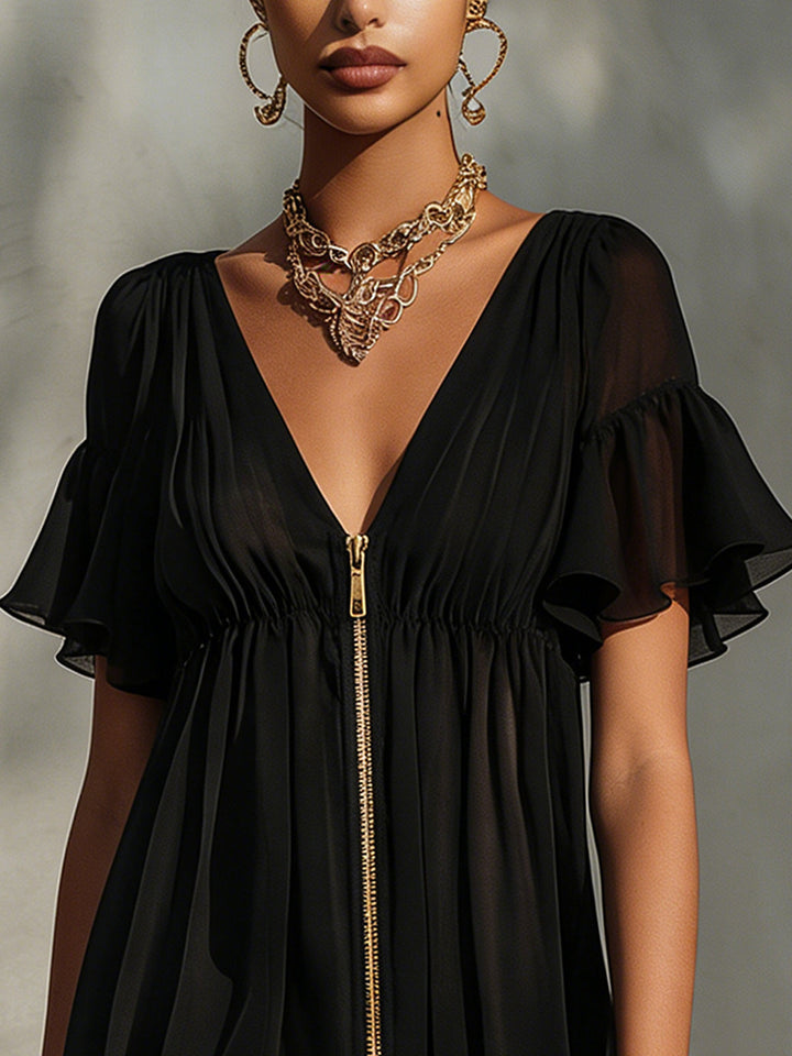 Modena | Miniabito nero in chiffon con cremallera dorata e orlo in pizzo