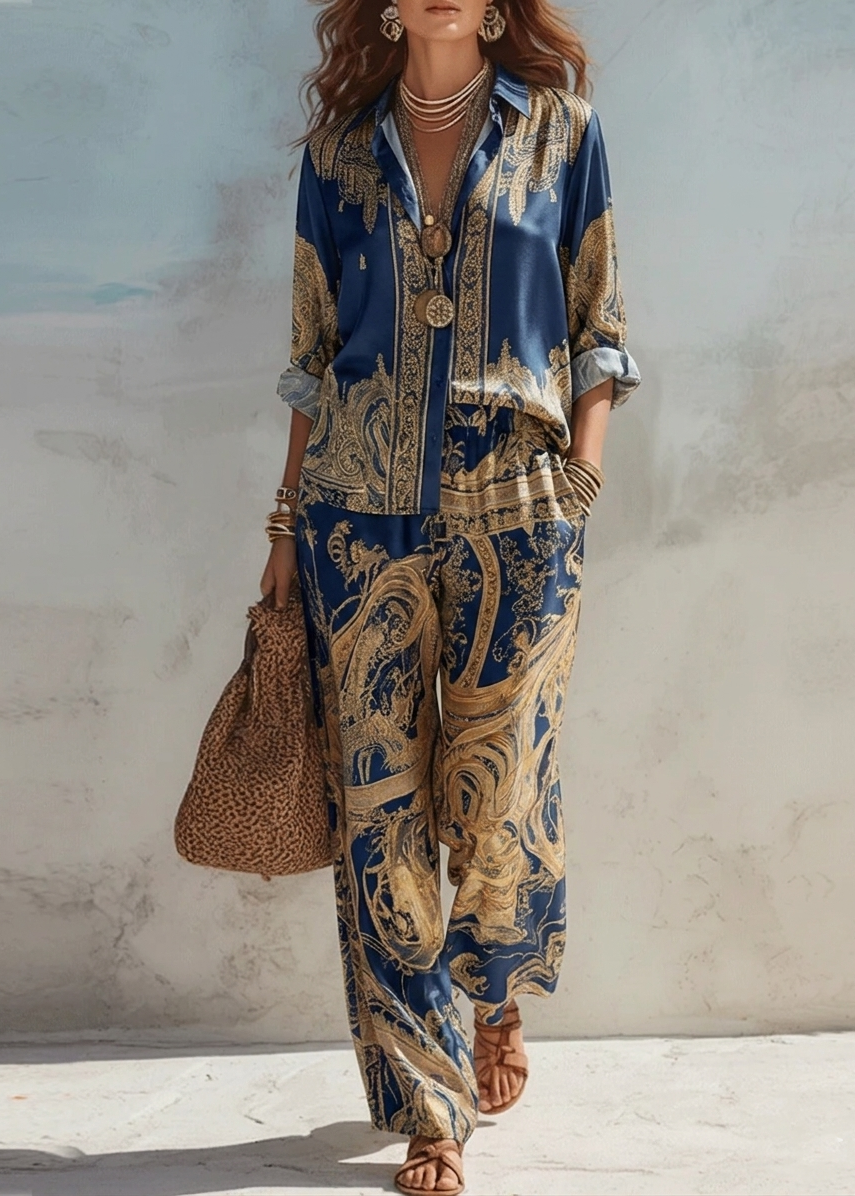 Dolcezza | Completo due pezzi in raso blu navy con stampa barocca dorata