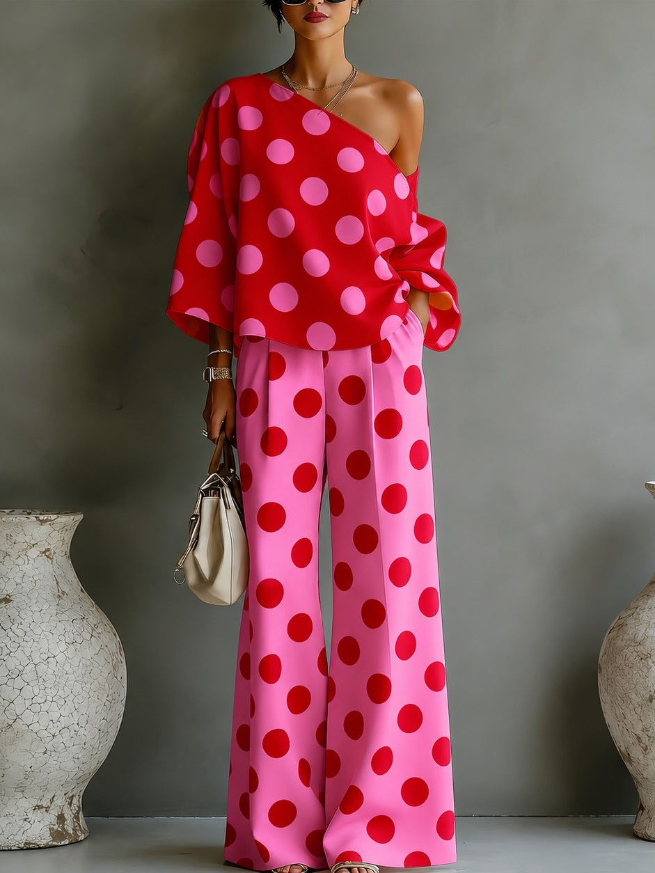 Beatrice | Completo a pois con top monospalla e pantaloni a gamba larga