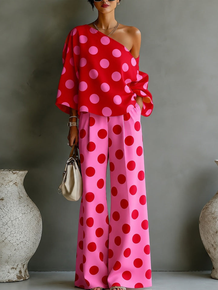 Beatrice | Completo a pois con top monospalla e pantaloni a gamba larga