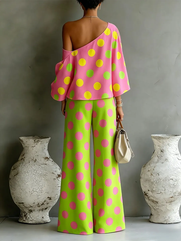 Roma | Completo due pezzi a pois rosa e verde fluo