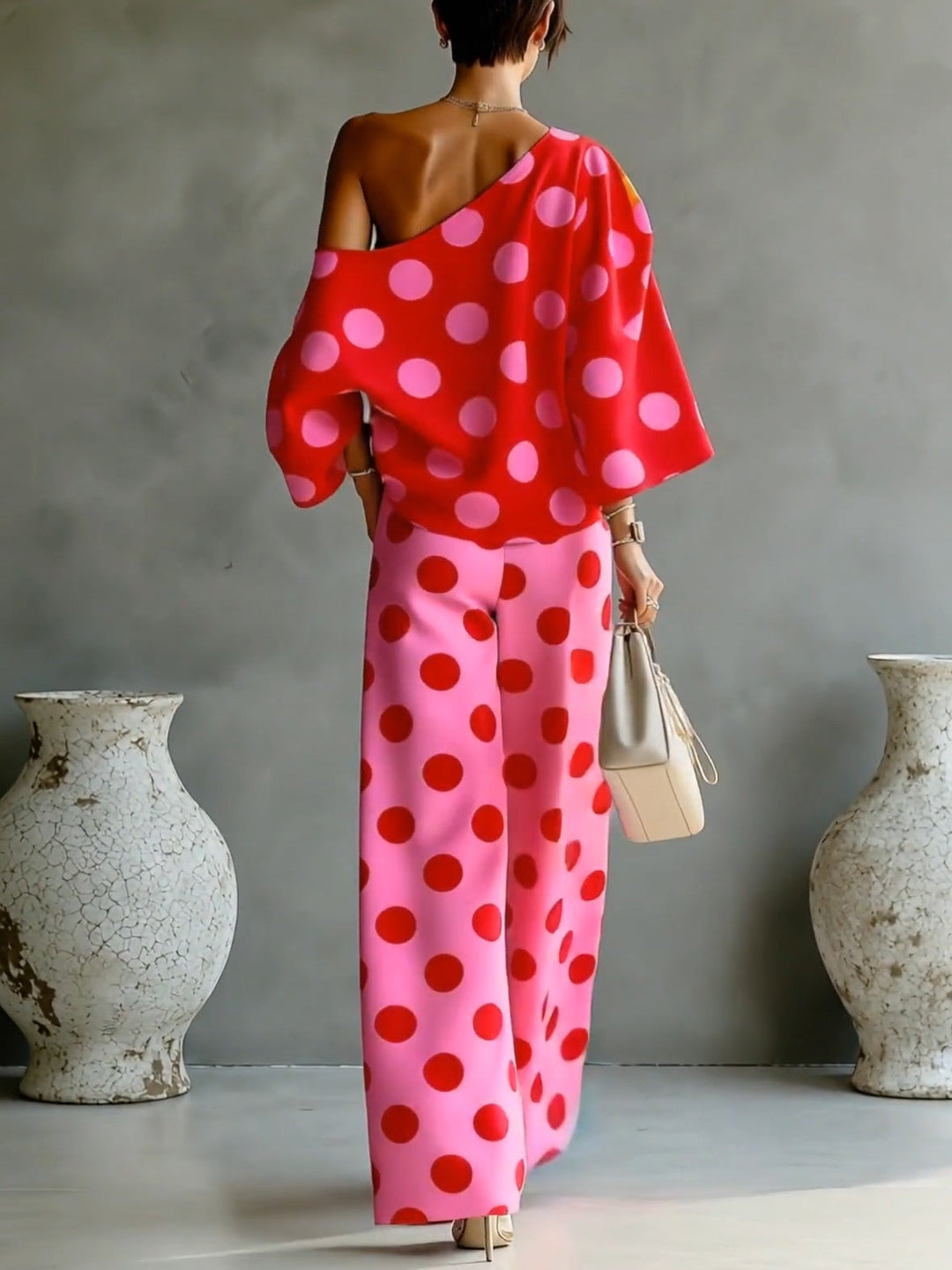 Beatrice | Completo a pois con top monospalla e pantaloni a gamba larga