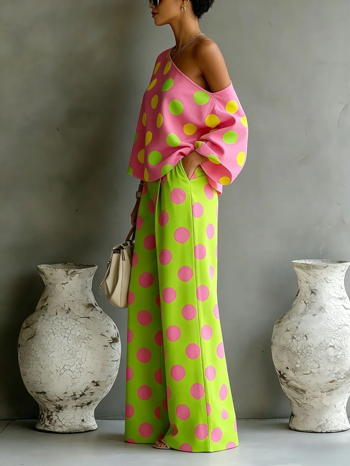 Roma | Completo due pezzi a pois rosa e verde fluo