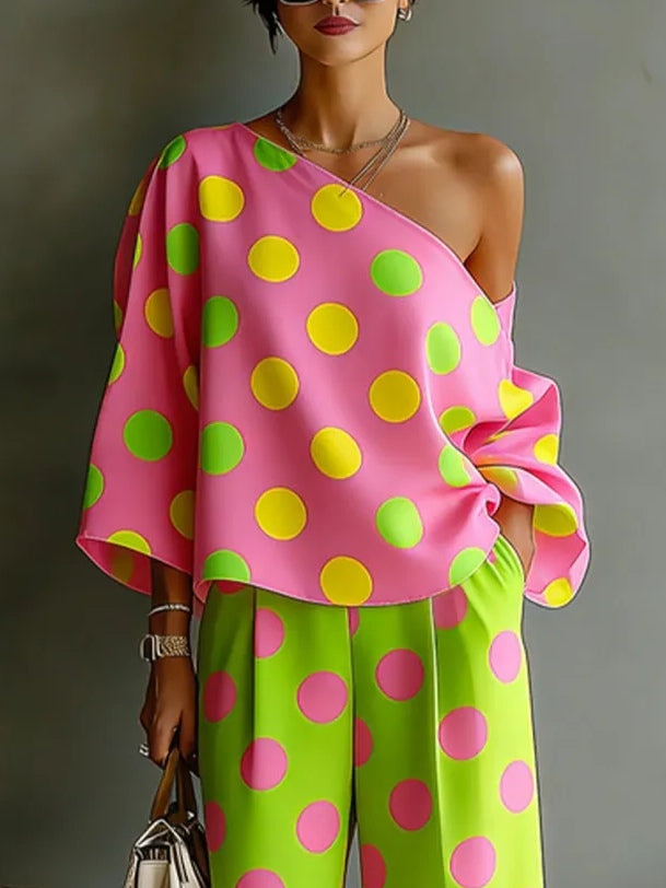 Roma | Completo due pezzi a pois rosa e verde fluo