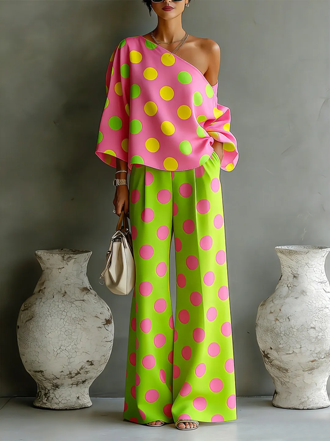 Roma | Completo due pezzi a pois rosa e verde fluo