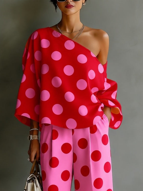 Beatrice | Completo a pois con top monospalla e pantaloni a gamba larga