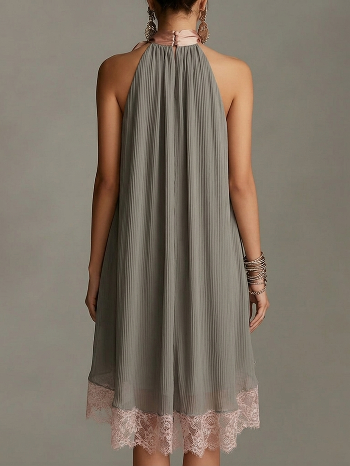 Spoleto | Mini abito grigio in satin con fiocco rosa e pizzo