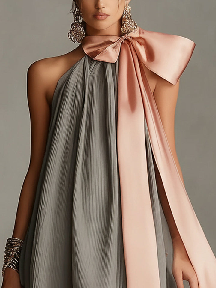 Spoleto | Mini abito grigio in satin con fiocco rosa e pizzo