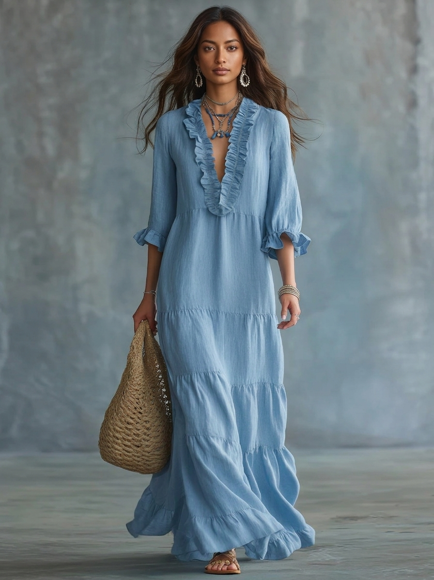 Aurora | Maxi abito azzurro cielo boho con scollo a V e volant