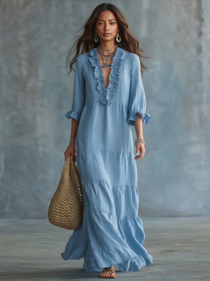 Aurora | Maxi abito azzurro cielo boho con scollo a V e volant