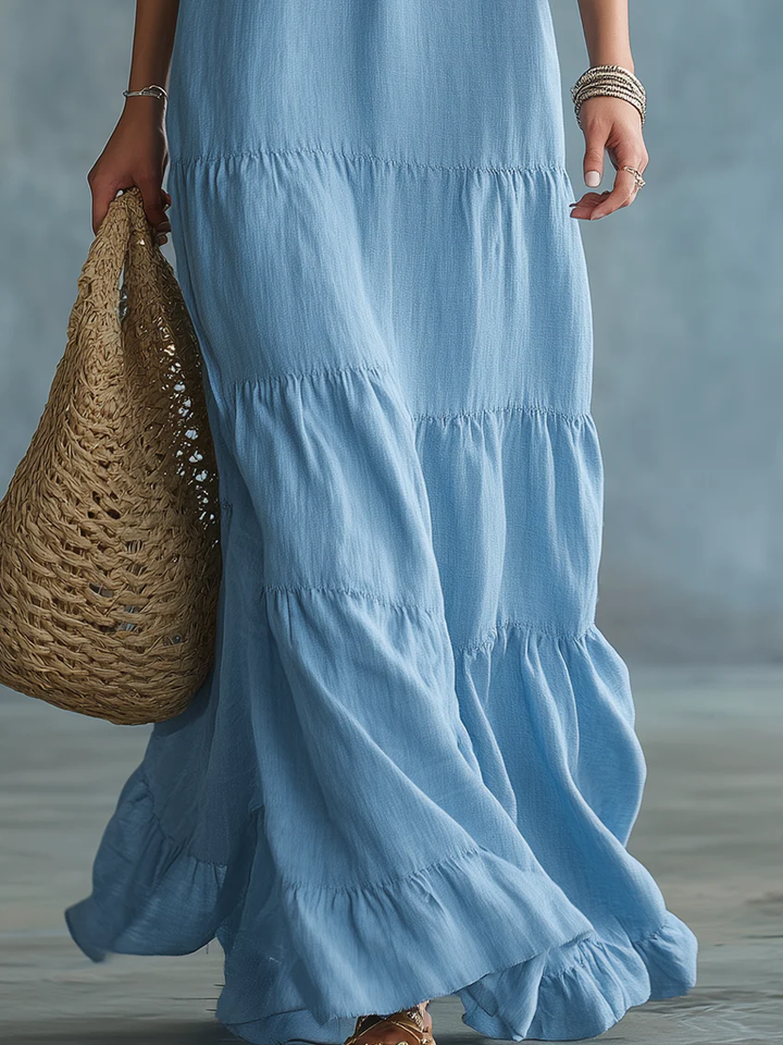 Aurora | Maxi abito azzurro cielo boho con scollo a V e volant