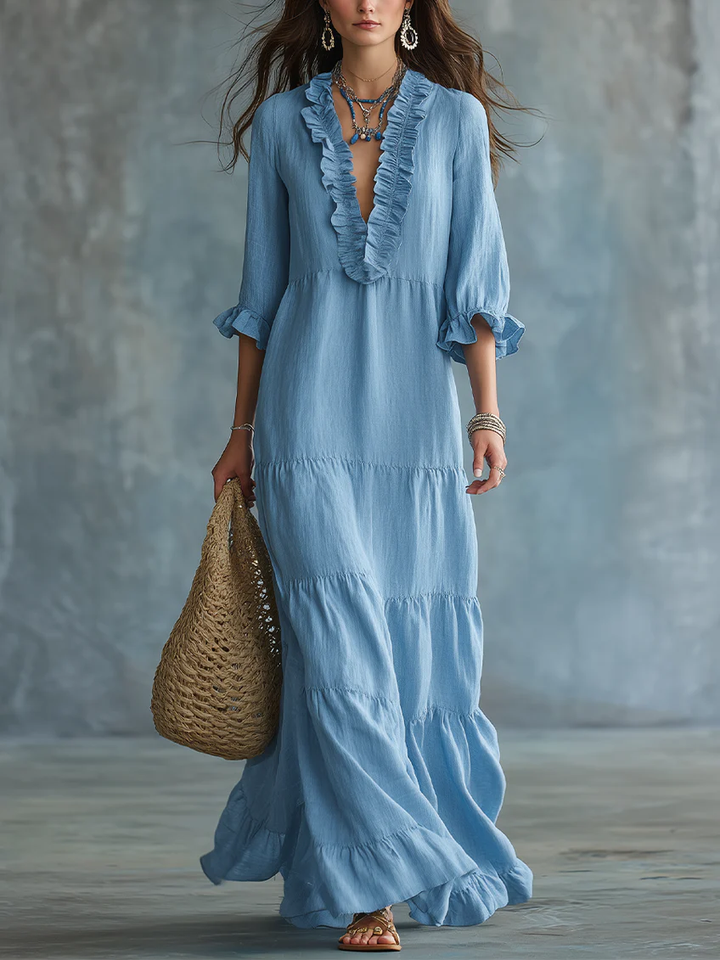Aurora | Maxi abito azzurro cielo boho con scollo a V e volant