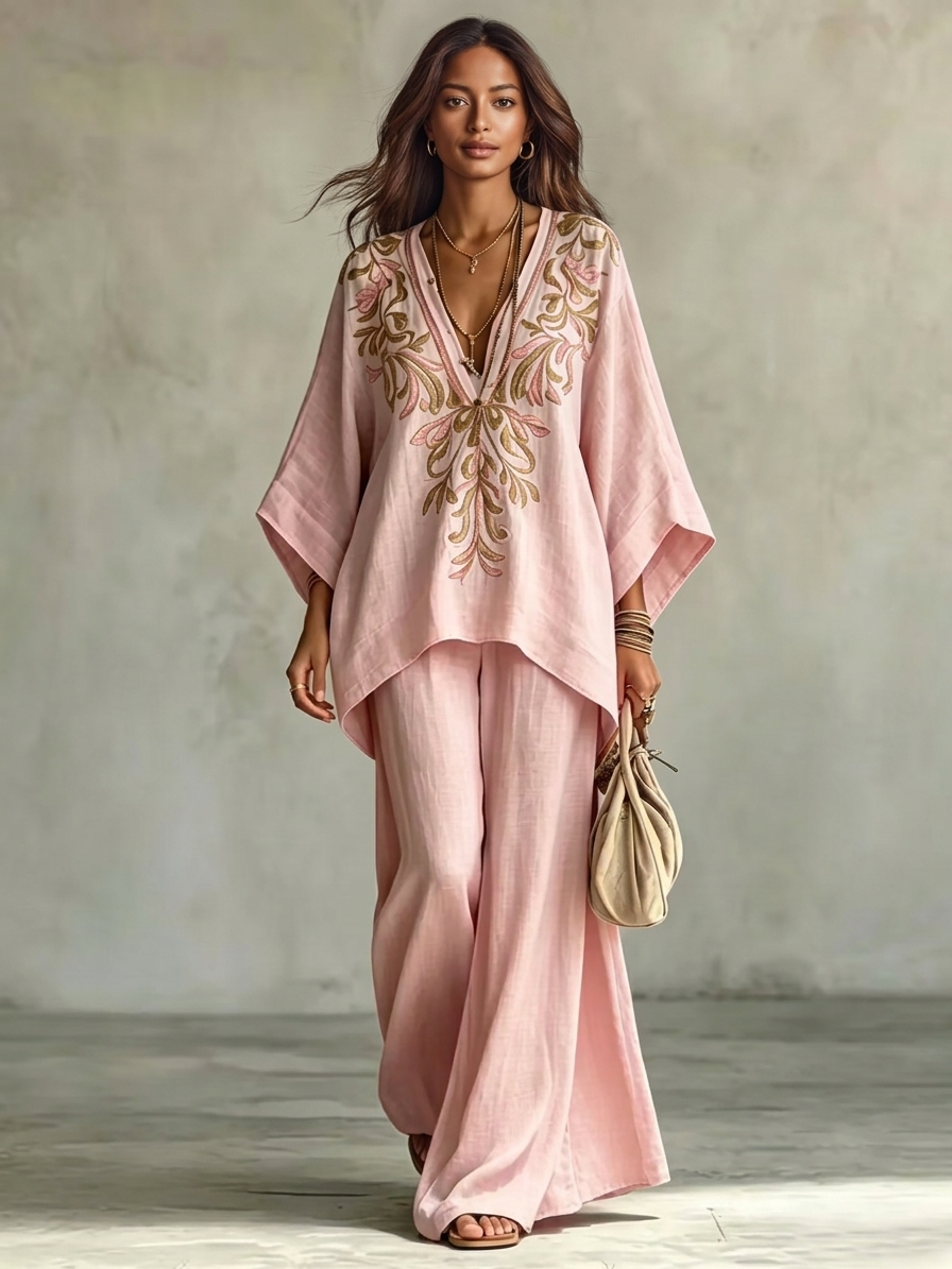 Abruzzo | Completo rosa con top a mantella ricamato e pantaloni ampi