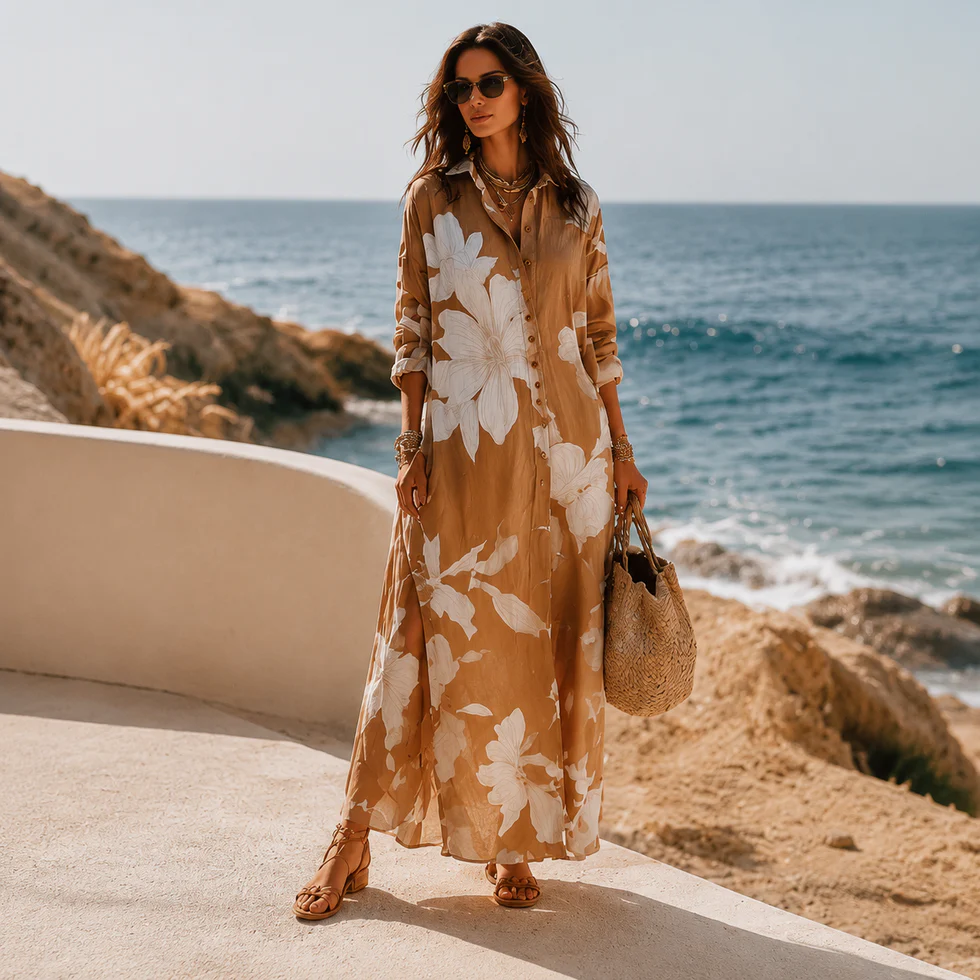 Asia | Chemisier lungo marrone con maxi stampa floreale