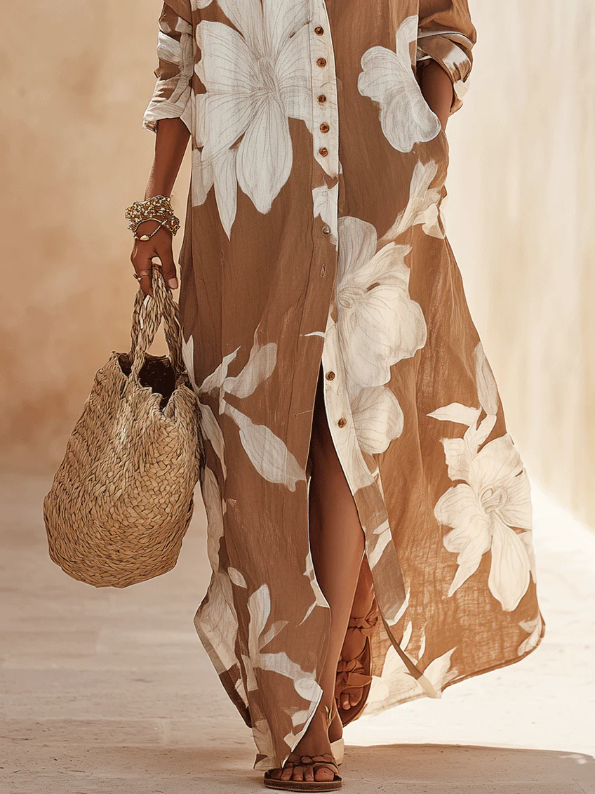 Asia | Chemisier lungo marrone con maxi stampa floreale